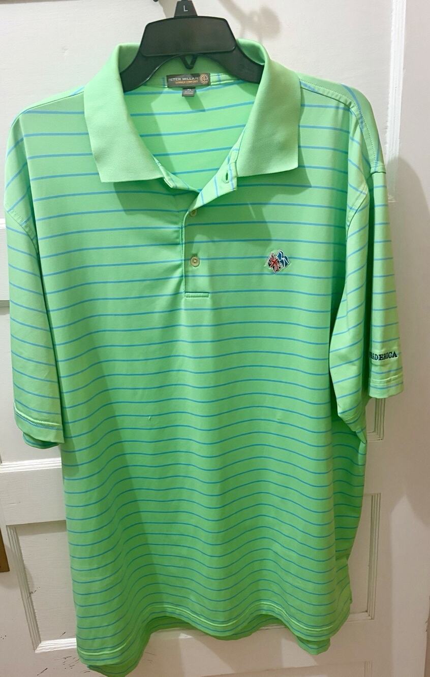 X9-Peter Millar Shirt Mens XL Green Striped Frederica Golf Club Summer Comfort